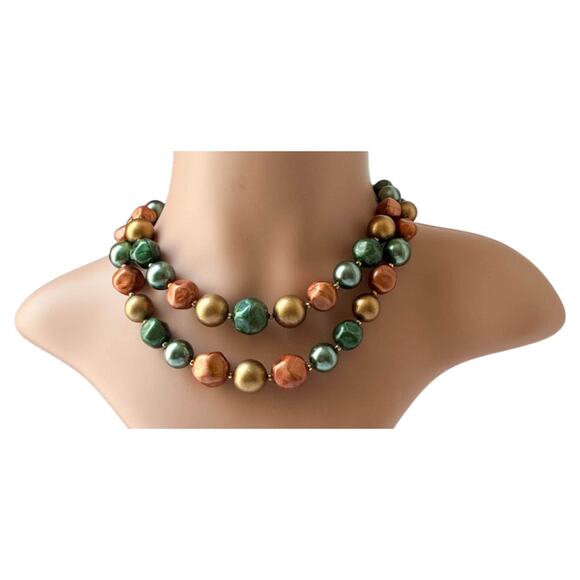 Vintage 1950s 2-Strand Choker Necklace, Metallic Green Peach Gold Graduated Bead - Picture 1 of 6